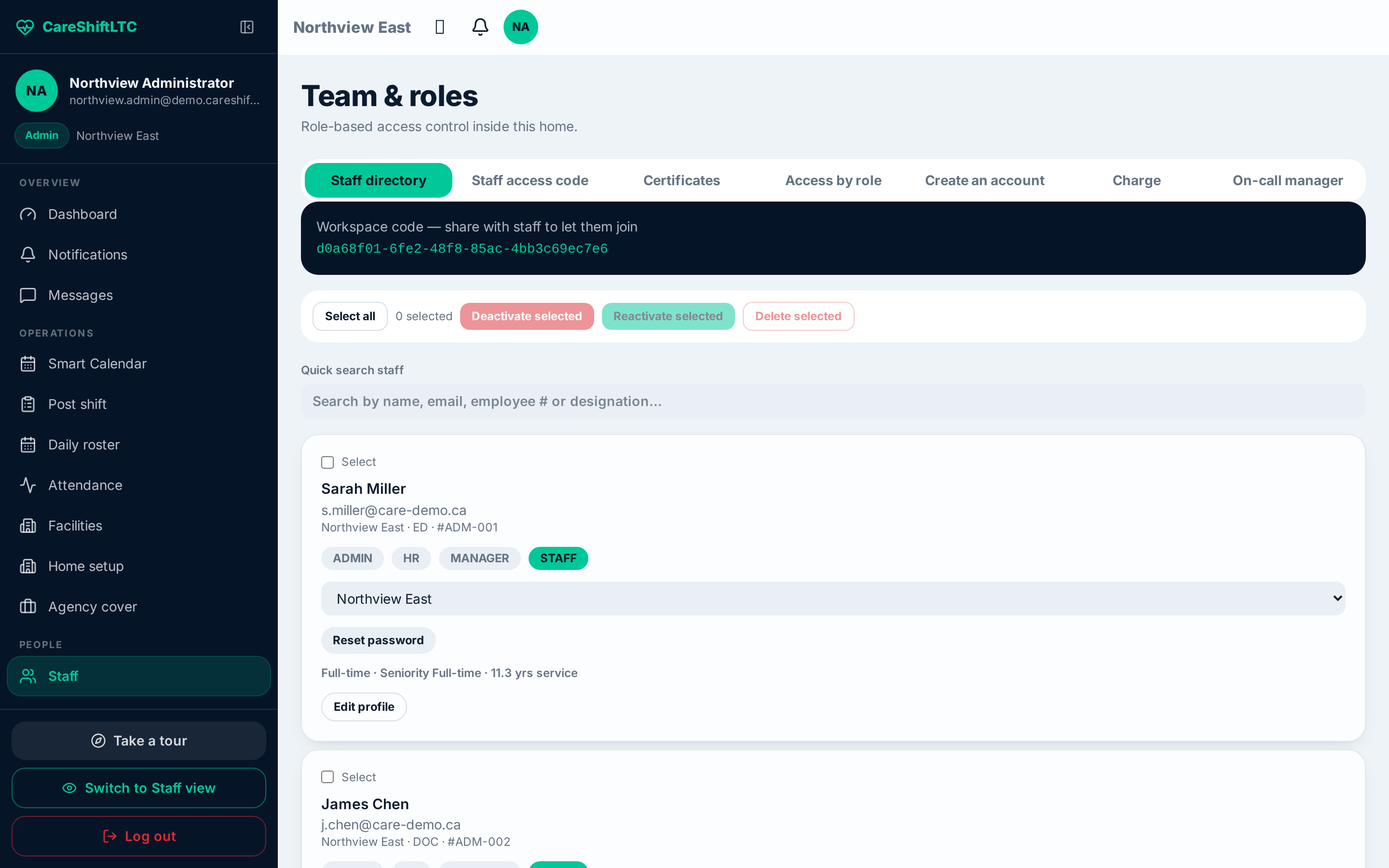 Team & roles screen